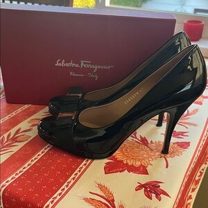 Salvatore Ferragamo Black Patent Leather Bow High-Heel Pumps